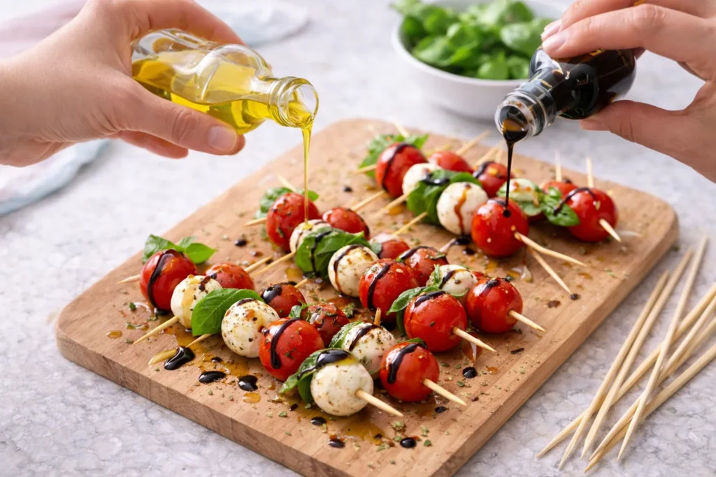 Caprese skewers with fresh basil, cherry tomatoes, and mozzarella drizzled with balsamic — easy party appetizer and baby shower finger food.