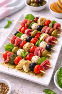 Antipasto skewers appetizer for baby shower entertaining