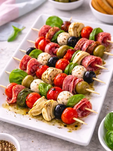 Antipasto skewers appetizer for baby shower entertaining