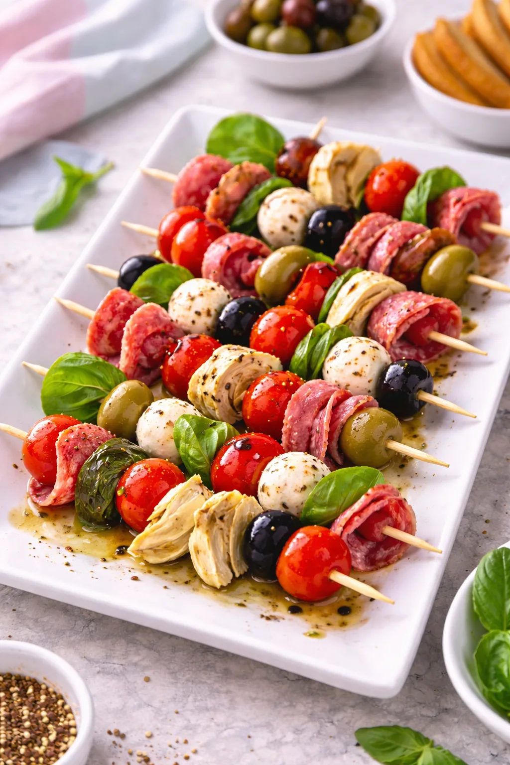 Antipasto skewers appetizer for baby shower entertaining