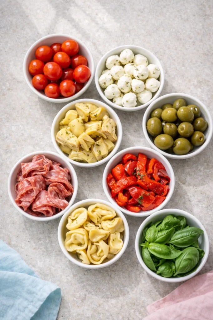 Overhead flat lay of antipasto skewer ingredients in small white bowls including tomatoes, mozzarella, olives, tortellini, roasted peppers, artichokes, salami, and basil.