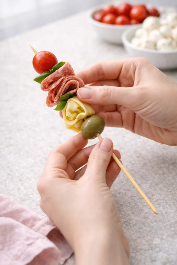 Hands threading cherry tomato, folded salami, basil, tortellini, and olive onto a wooden skewer for antipasto skewers.