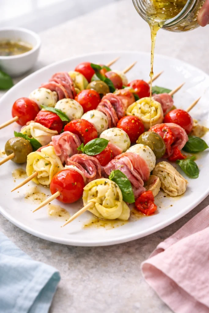 Antipasto skewers arranged neatly on a white platter with basil leaves on a neutral stone surface.