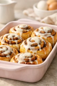 Air fryer cinnamon rolls in a pastel baking dish with warm icing drizzled on top, styled in a light baby-shower brunch setting.