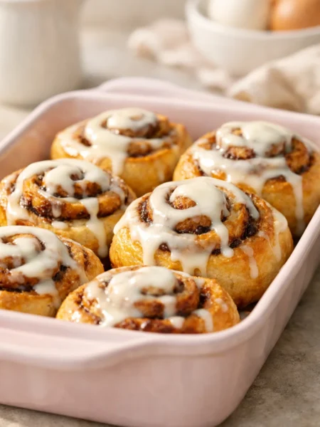 Air fryer cinnamon rolls in a pastel baking dish with warm icing drizzled on top, styled in a light baby-shower brunch setting.