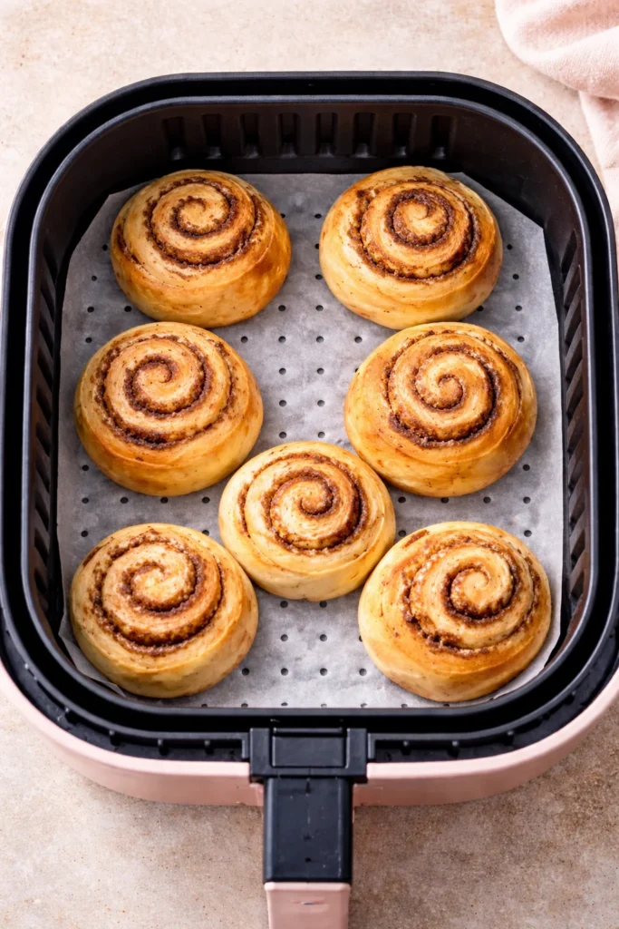 Golden air-fried cinnamon rolls inside the air fryer basket with crisp edges and soft centers.