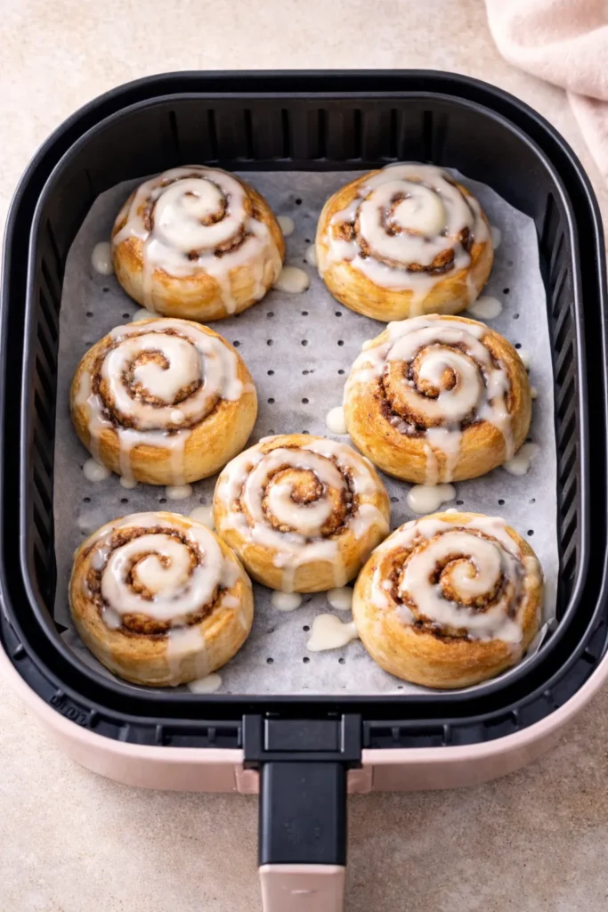 Warm cinnamon rolls in the air fryer with vanilla icing melting into the swirls.
