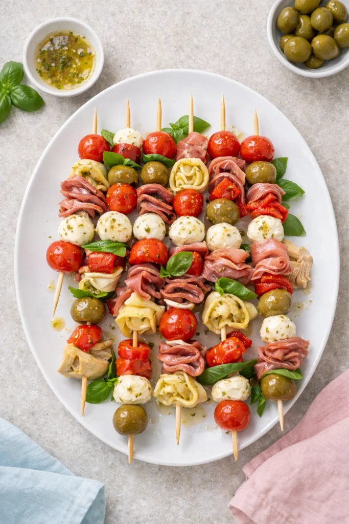Flat lay antipasto skewers arranged on a serving platter with tortellini, mozzarella, olives, salami, cherry tomatoes, and basil—perfect for baby shower appetizers.