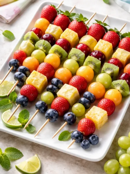 Colorful fruit skewers with strawberries, grapes, pineapple, kiwi, and blueberries arranged on a white platter for a baby shower.
