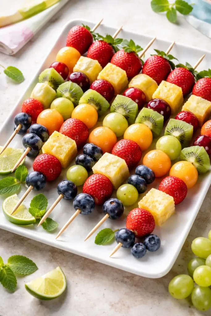 Colorful fruit skewers with strawberries, grapes, pineapple, kiwi, and blueberries arranged on a white platter for a baby shower.