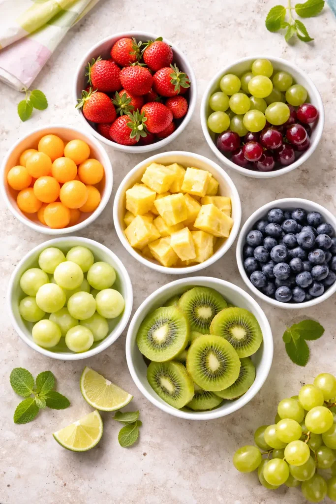 Fresh fruit ingredients for baby shower fruit skewers displayed in white bowls.