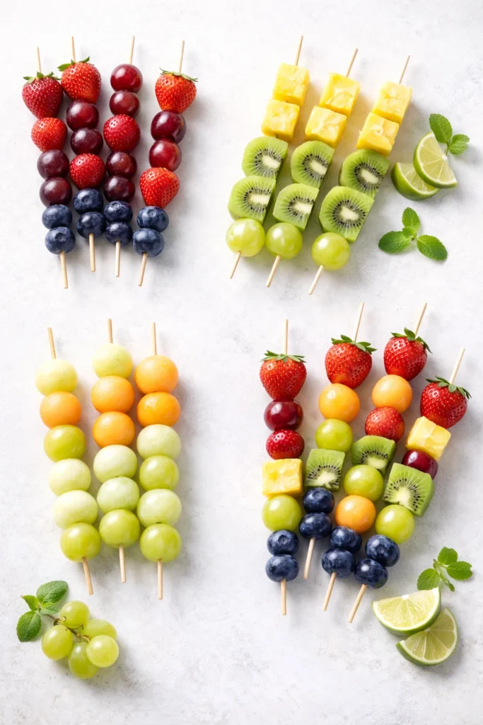 Fruit skewer color theme ideas for baby showers including berry, tropical, pastel, and rainbow combinations.