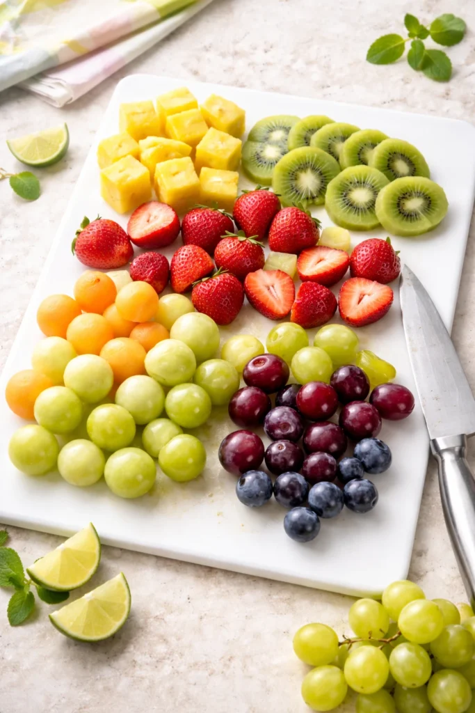 Prepped fruit cut into bite-size pieces for assembling fruit skewers.