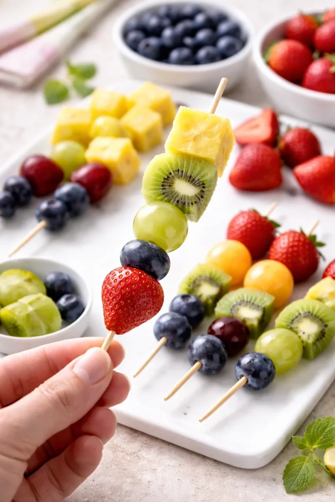 Fruit being assembled onto appetizer skewers for a baby shower.