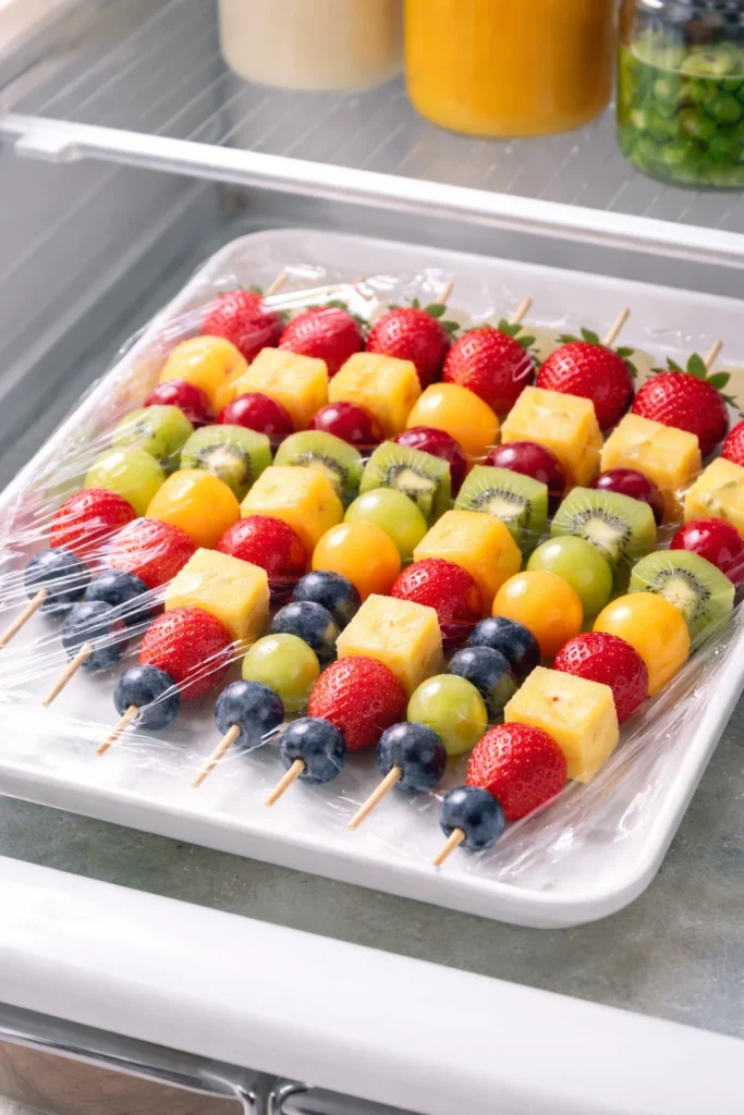 Fruit skewers stored in the refrigerator before serving.
