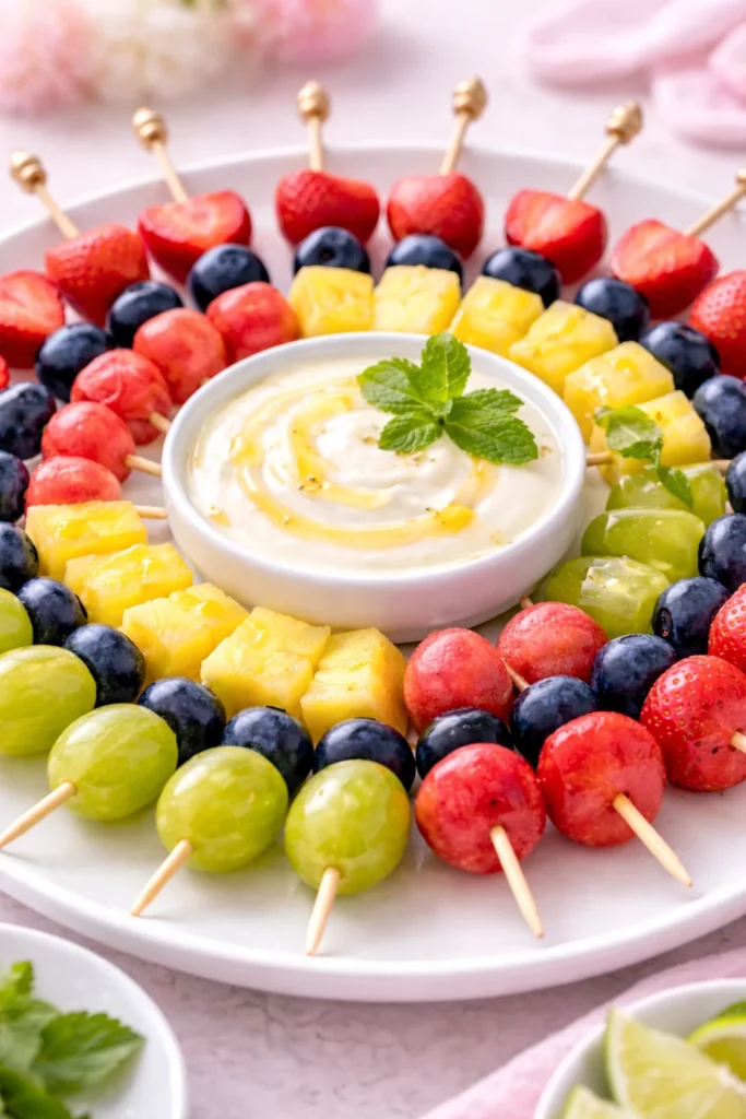 Fruit skewers served with honey-lime yogurt dip on a baby shower table.
