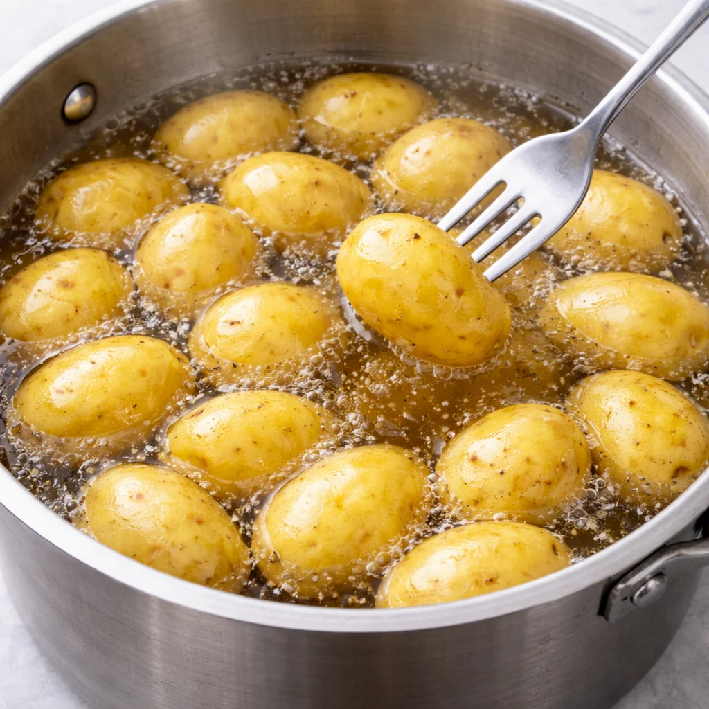 Baby potatoes boiling in a pot of salted water until fork-tender, preparing them for parmesan smashed potatoes.