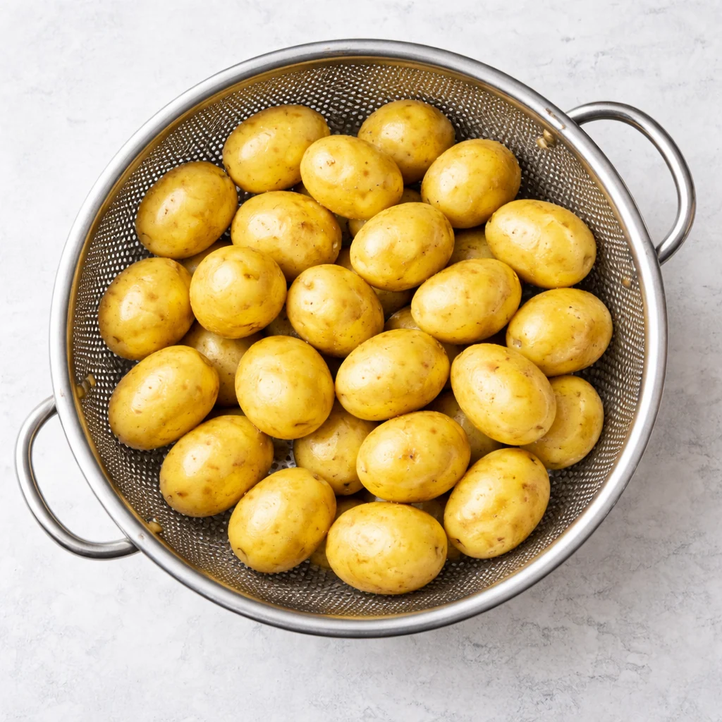 Cooked baby potatoes drained in a colander and cooling slightly before being smashed.