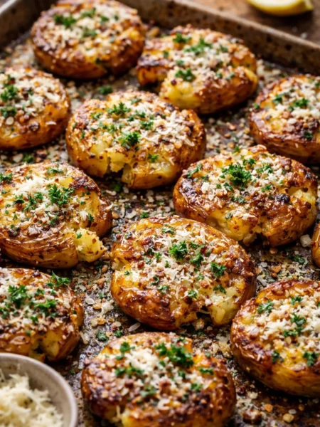 Boiled baby potatoes arranged on a parchment-lined baking sheet with space between each one, ready to be smashed and baked.