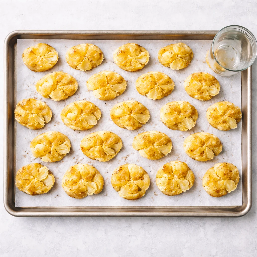 Baby potatoes gently smashed with the bottom of a glass, flattened but still intact on a baking sheet.