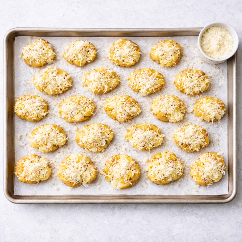 Smashed potatoes brushed with olive oil and topped with salt, pepper, garlic, and freshly grated parmesan cheese.