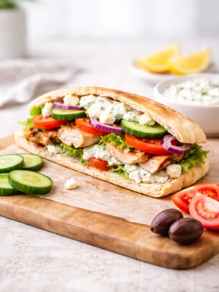Greek chicken sandwich with tzatziki, cucumber, tomatoes, lettuce, red onion, and feta cheese inside warm pita bread.