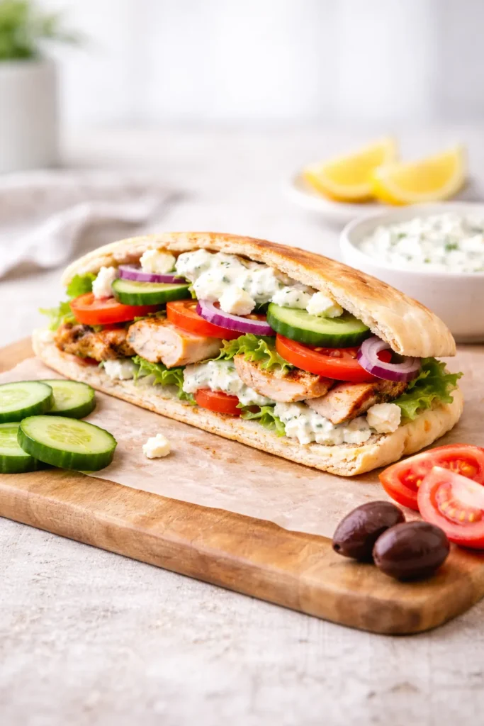 Greek chicken sandwich with tzatziki, cucumber, tomatoes, lettuce, red onion, and feta cheese inside warm pita bread.