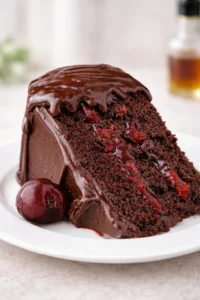 Slice of chocolate cherry cake with glossy chocolate ganache and cherry filling on a white plate, photographed on a light background.