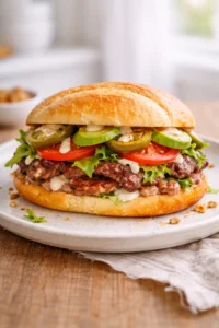 Mexican torta sandwich on a ceramic plate made with bolillo bread, grilled steak, avocado slices, tomato, lettuce, and creamy sauce