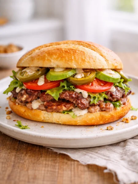 Mexican torta sandwich on a ceramic plate made with bolillo bread, grilled steak, avocado slices, tomato, lettuce, and creamy sauce