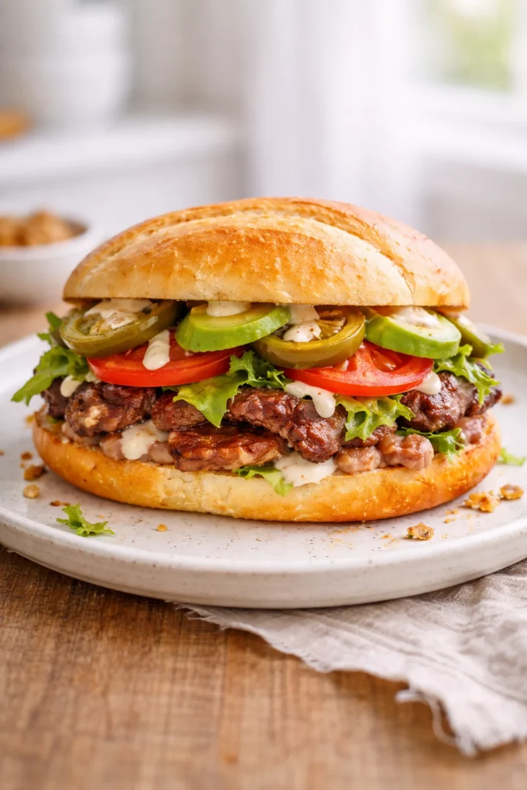 Mexican torta sandwich on a ceramic plate made with bolillo bread, grilled steak, avocado slices, tomato, lettuce, and creamy sauce