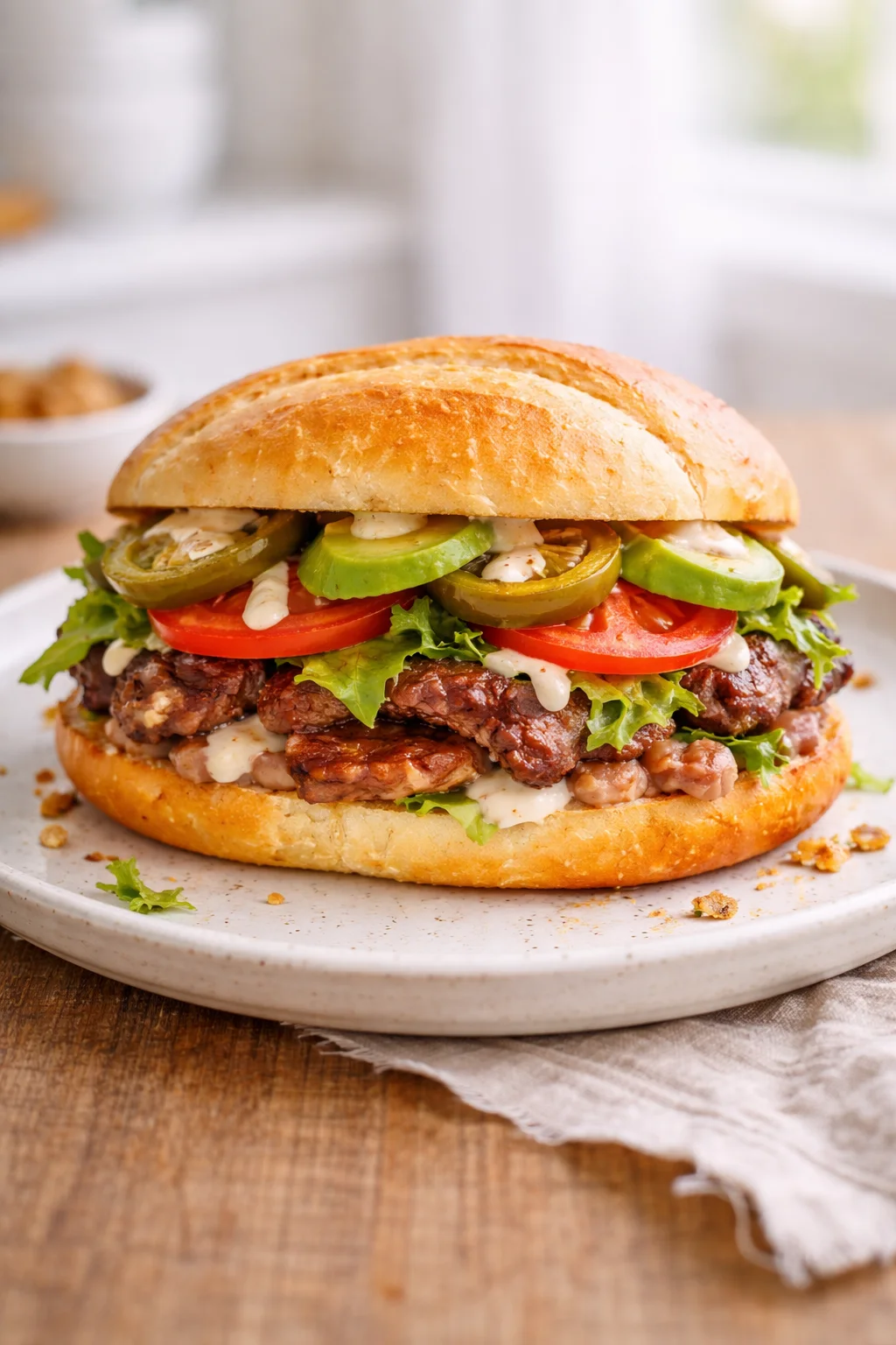 Mexican torta sandwich on a ceramic plate made with bolillo bread, grilled steak, avocado slices, tomato, lettuce, and creamy sauce