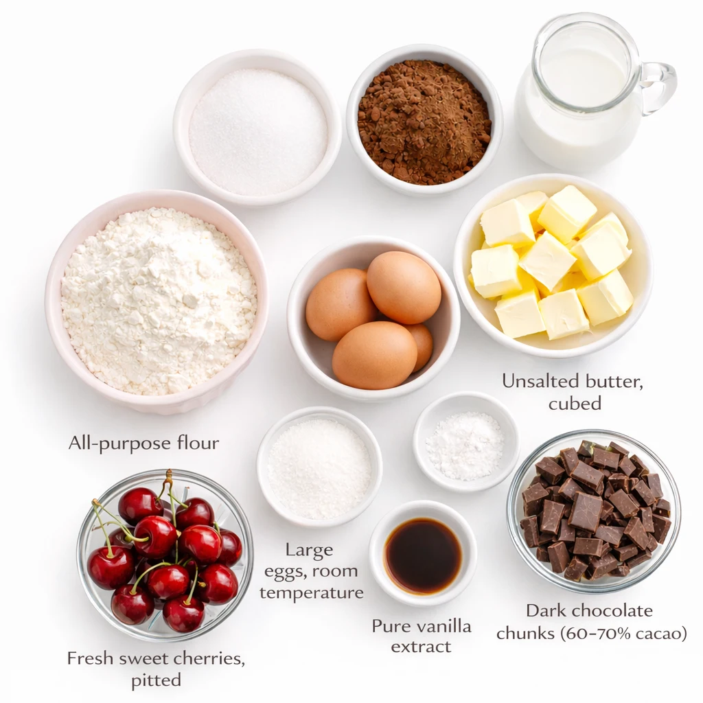 Flat lay of chocolate cherry cake ingredients arranged on a white background.