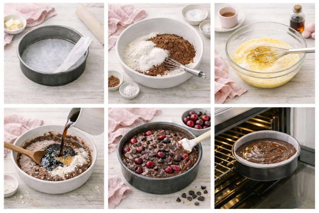 “Step-by-step collage showing how to make chocolate cherry cake, from preparing the pan to baking the batter in the oven.”

