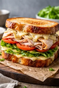 Turkey and cheese sandwich on toasted bread with lettuce and tomato, perfect for a baby shower or party menu