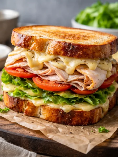 Turkey and cheese sandwich on toasted bread with lettuce and tomato, perfect for a baby shower or party menu