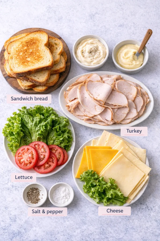 Ingredients for a turkey and cheese sandwich including sandwich bread, sliced turkey, cheese, lettuce, tomato, mayonnaise, salt, and pepper.