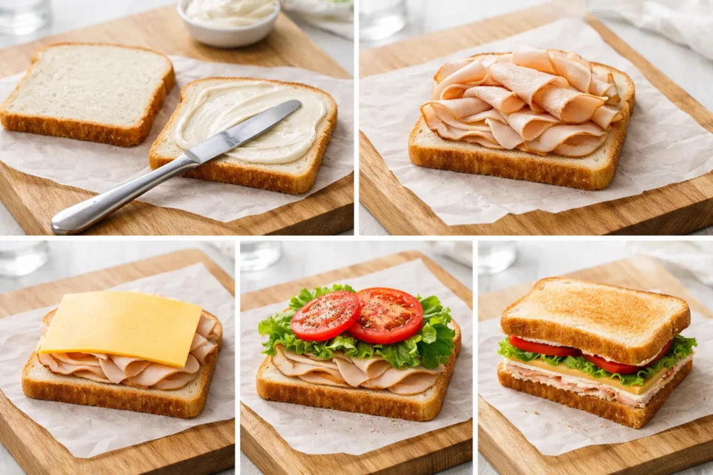 Five-step tutorial showing how to build a turkey and cheese sandwich: spreading mayonnaise on bread, layering folded turkey slices, adding cheese, topping with lettuce and tomato, and finishing with a diagonally cut sandwich revealing the layers.