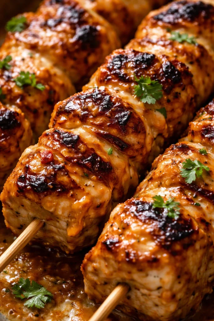 Macro close-up of bang bang chicken skewers showing juicy grilled chicken with lightly charred edges and a glossy coating of creamy bang bang sauce.