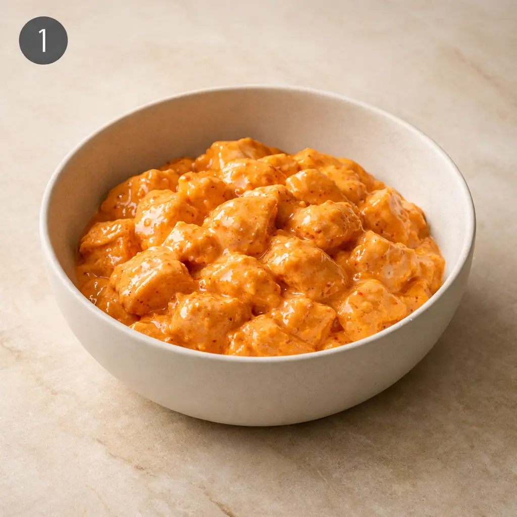 Boneless chicken pieces coated in creamy bang bang marinade in a light ceramic bowl on a neutral stone surface