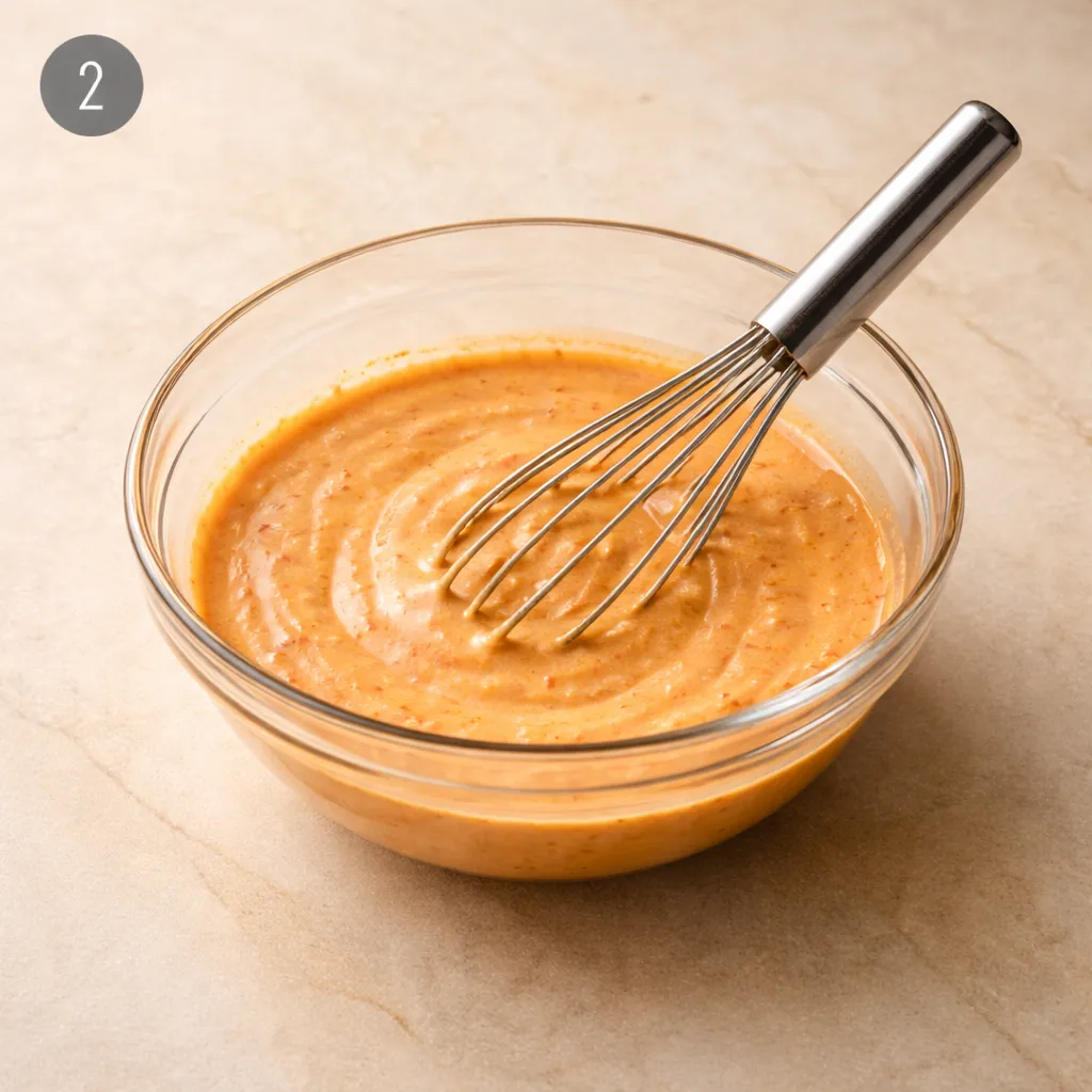 Creamy bang bang sauce freshly whisked in a clear glass bowl with a smooth glossy texture