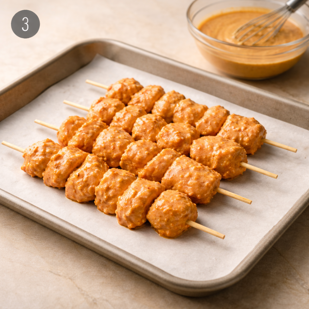Marinated chicken threaded onto wooden skewers and arranged neatly on a baking tray