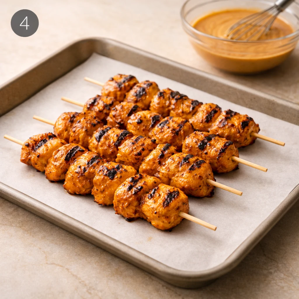 Chicken skewers brushed with bang bang sauce and arranged in rows on a baking tray