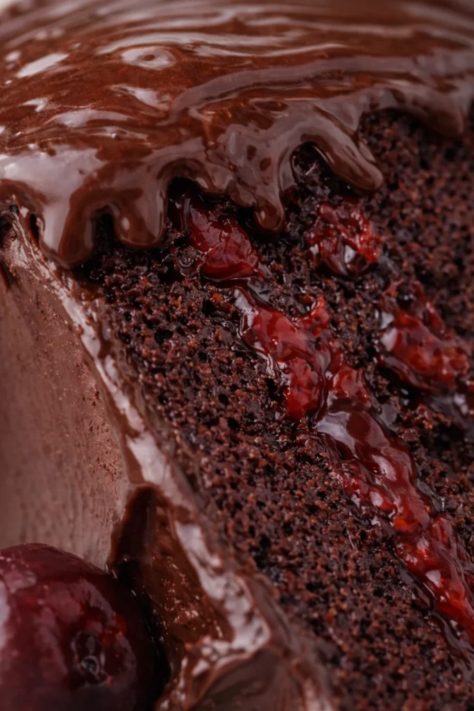 Macro close-up of a chocolate cake slice with cherry filling and glossy chocolate ganache.
