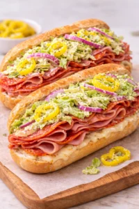 Italian grinder sandwich recipe with salami, pepperoni, ham, melted provolone, tomato, and creamy grinder slaw on toasted hoagie roll