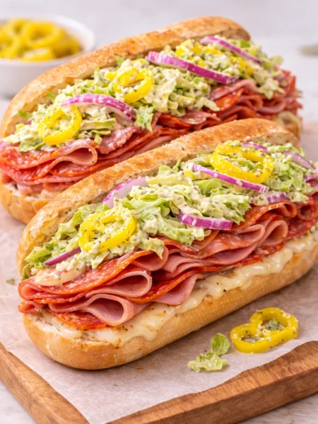 Italian grinder sandwich recipe with salami, pepperoni, ham, melted provolone, tomato, and creamy grinder slaw on toasted hoagie roll