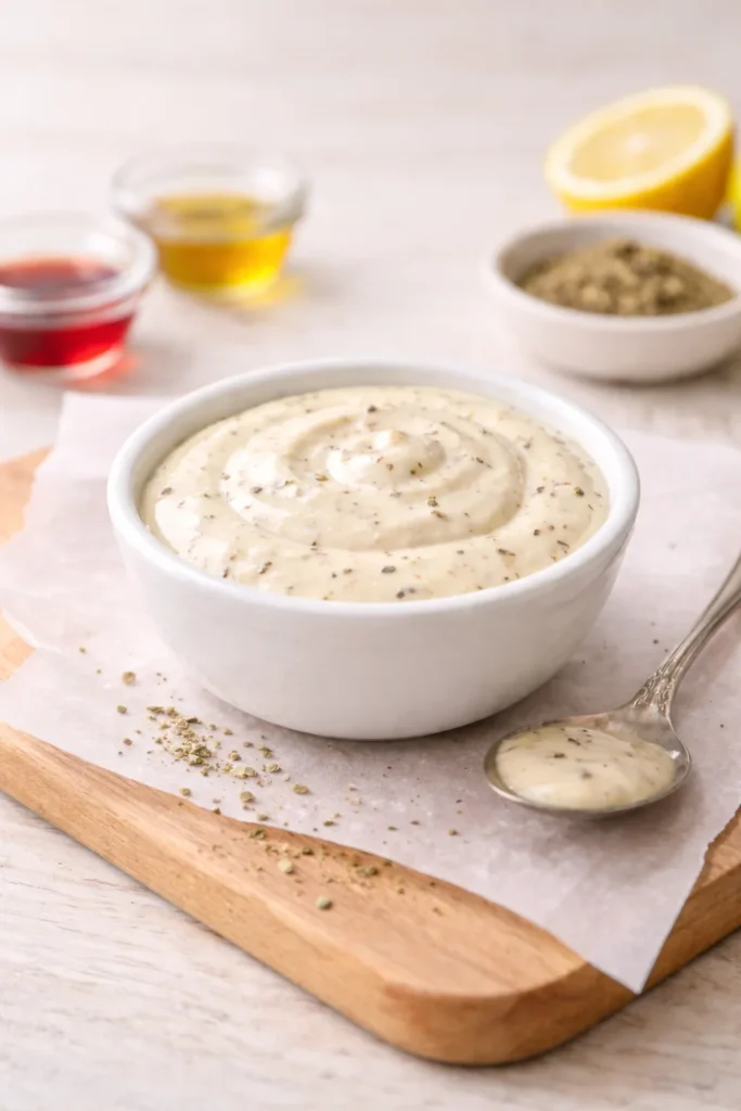 Creamy Italian grinder sandwich dressing made with mayonnaise, olive oil, red wine vinegar, oregano, garlic powder, salt, and black pepper in a small white bowl.