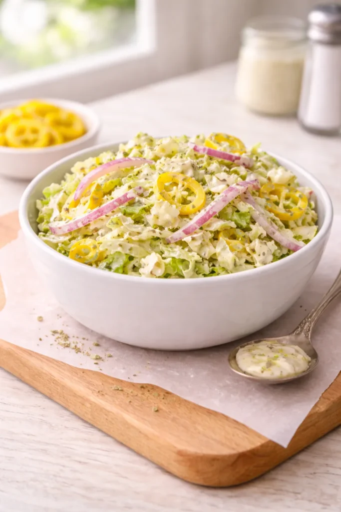 Italian grinder slaw made with shredded lettuce, red onion slices, and banana pepper rings tossed in creamy dressing.