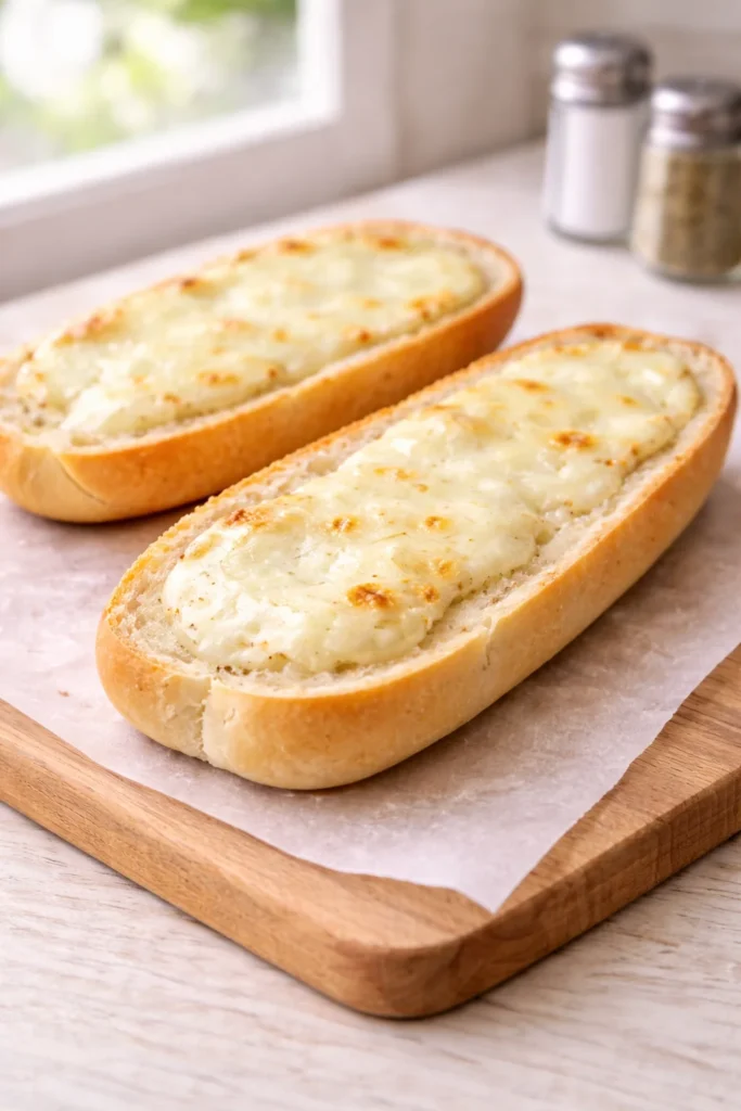 Hoagie sandwich rolls topped with melted provolone cheese lightly toasted until bubbly and golden.