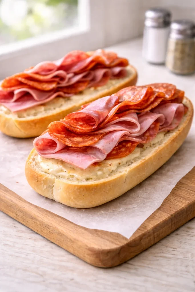 Italian grinder sandwich layered with folded salami, pepperoni, and ham over melted provolone cheese.
